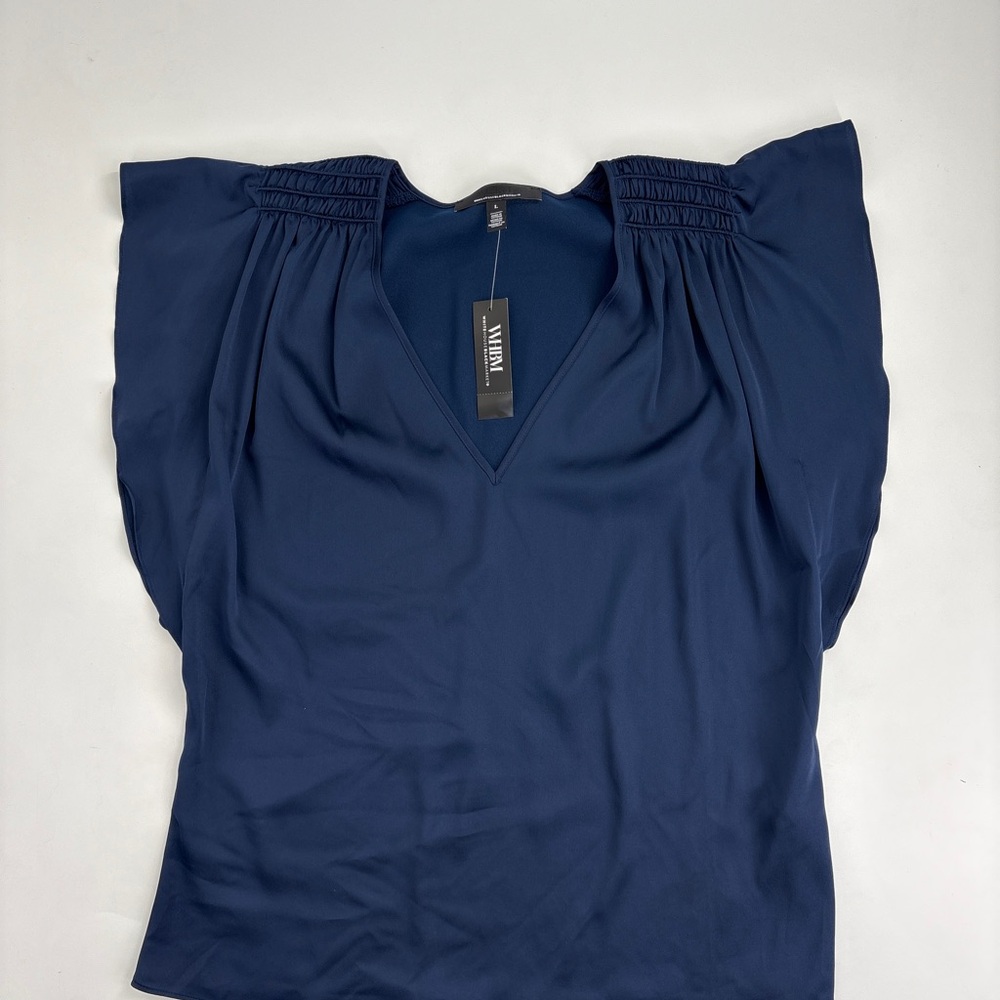 White House Black Market Navy V-Neck Blouse - Picture 4 of 6